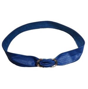 VINTAGE 80s Blue Leather belt Silver buckle adjustable M